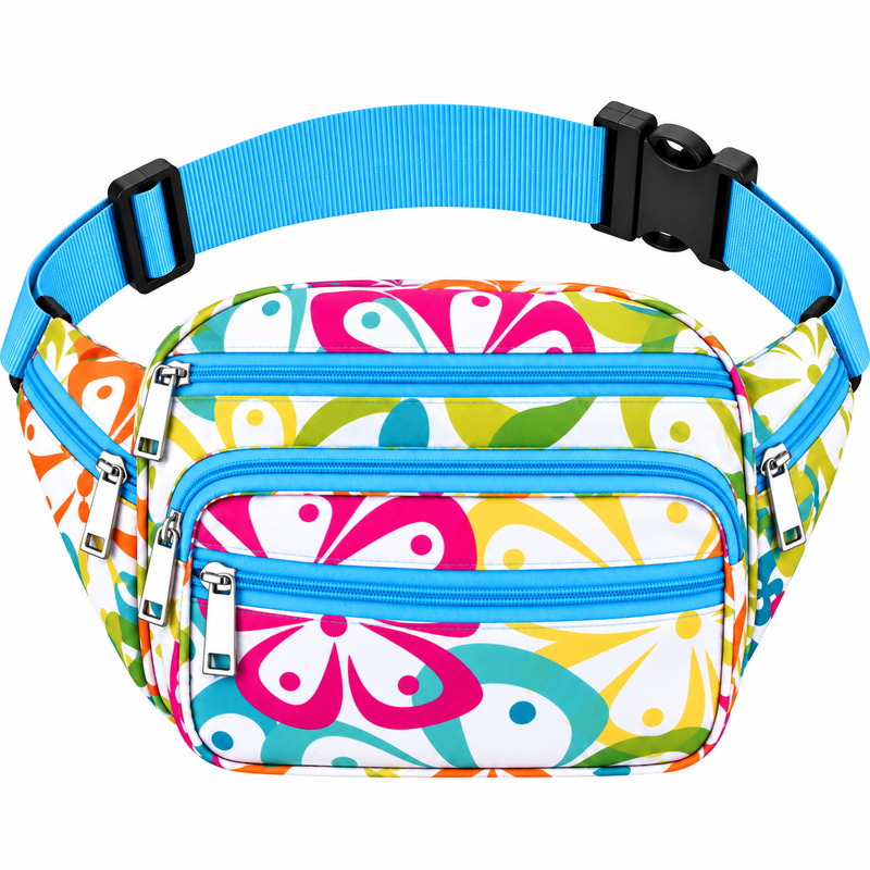 8056 White Blue Orange Flower Bumbag W-7 Zips (New) (image for) 8056 White Blue Orange Flower Bumbag W-7 Zips (New)